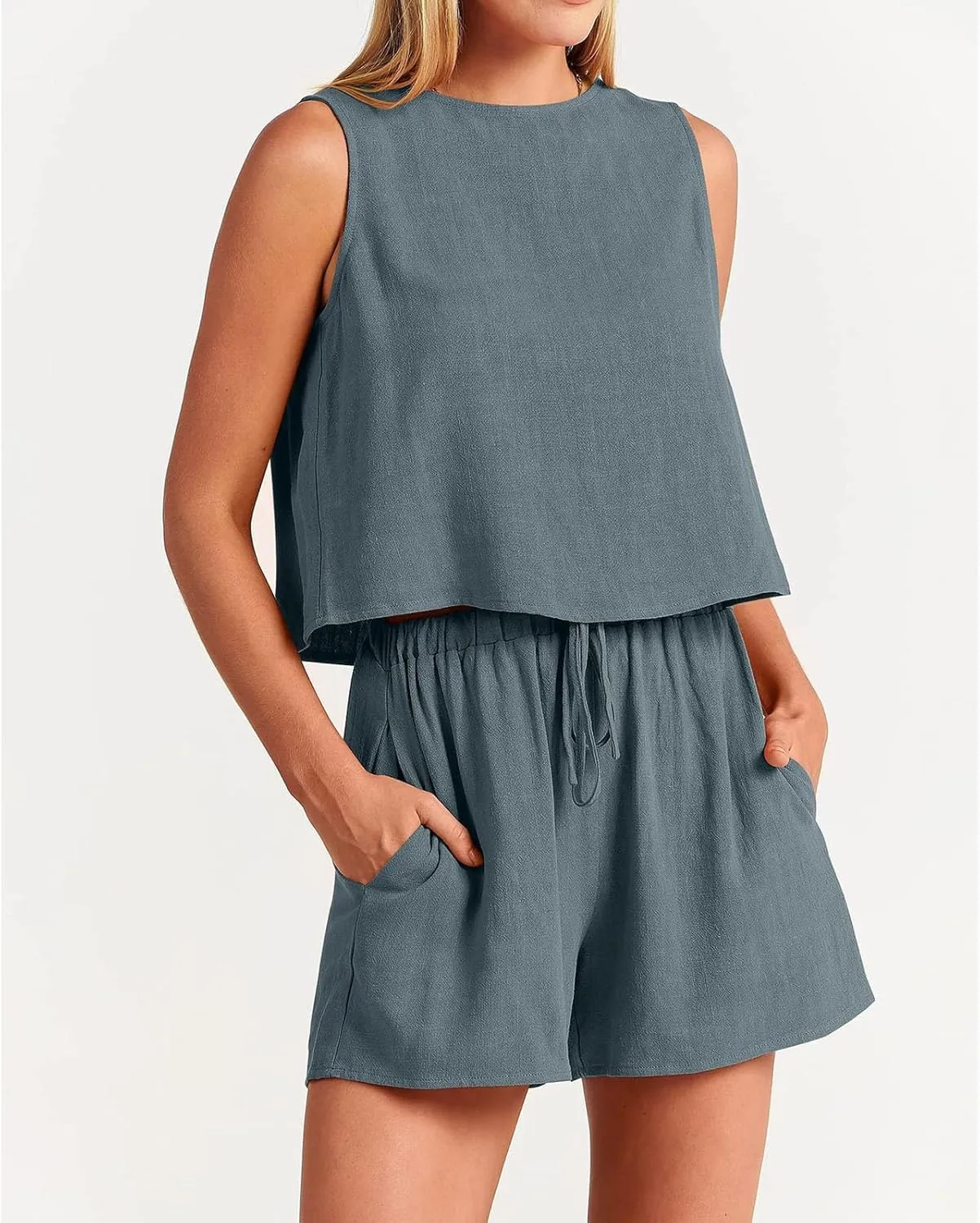 Canbebig 2 Piece Outfits for Women Summer Sleeveless Crop Tank Top High Waist Shorts Suit Loose Casual Short Set with Pockets