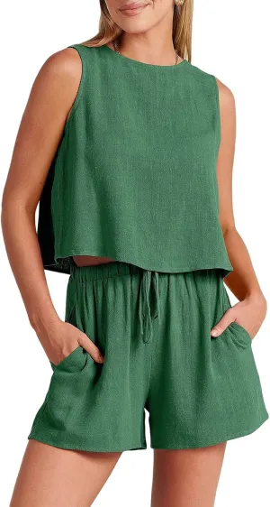 Canbebig 2 Piece Outfits for Women Summer Sleeveless Crop Tank Top High Waist Shorts Suit Loose Casual Short Set with Pockets