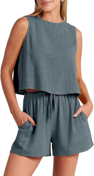 Canbebig 2 Piece Outfits for Women Summer Sleeveless Crop Tank Top High Waist Shorts Suit Loose Casual Short Set with Pockets