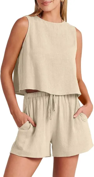 Canbebig 2 Piece Outfits for Women Summer Sleeveless Crop Tank Top High Waist Shorts Suit Loose Casual Short Set with Pockets