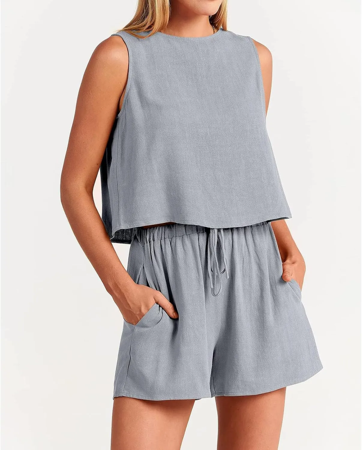 Canbebig 2 Piece Outfits for Women Summer Sleeveless Crop Tank Top High Waist Shorts Suit Loose Casual Short Set with Pockets
