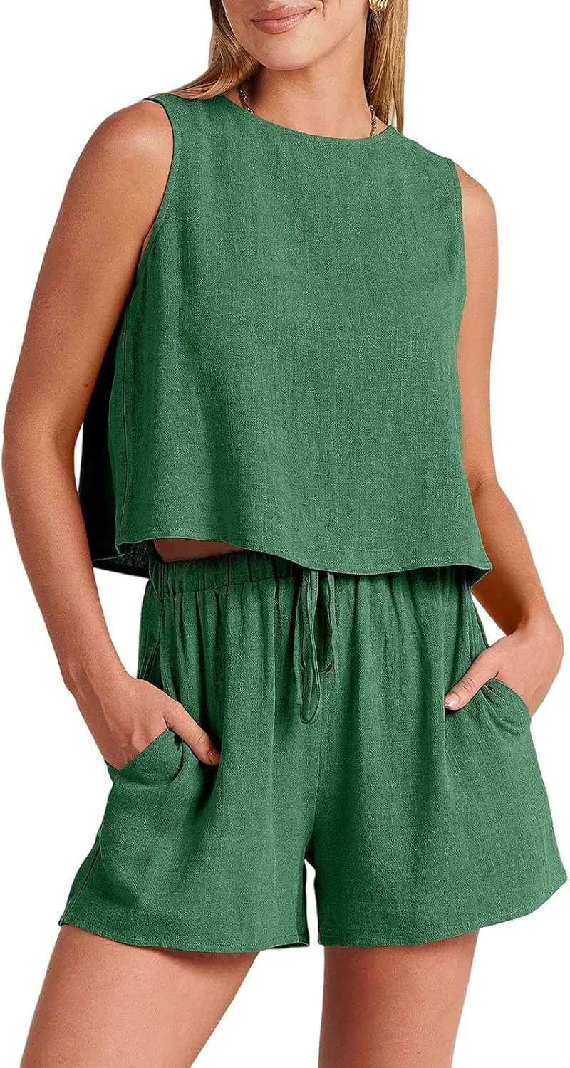 Canbebig 2 Piece Outfits for Women Summer Sleeveless Crop Tank Top High Waist Shorts Suit Loose Casual Short Set with Pockets