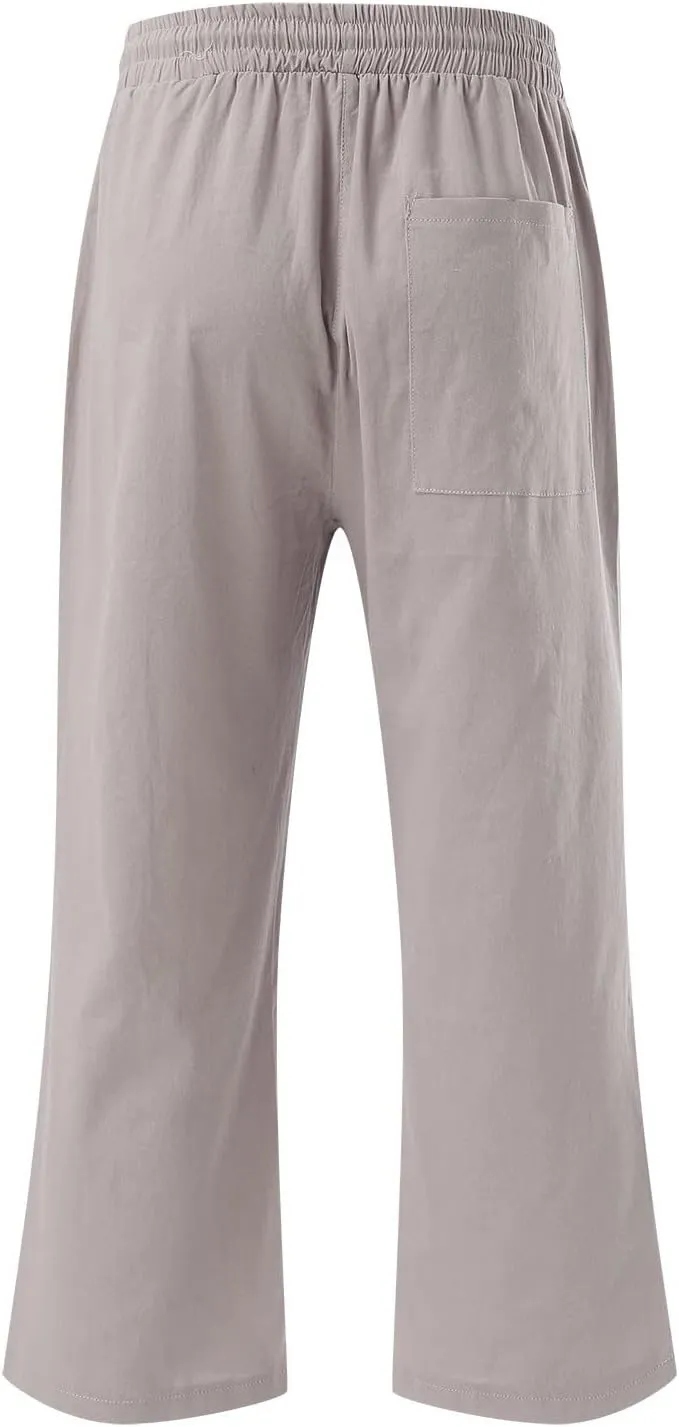 Capri Pants for Women Linen Casual Summer Wide Leg Lightweight High Waisted Cropped Trousers Palazzo Pants