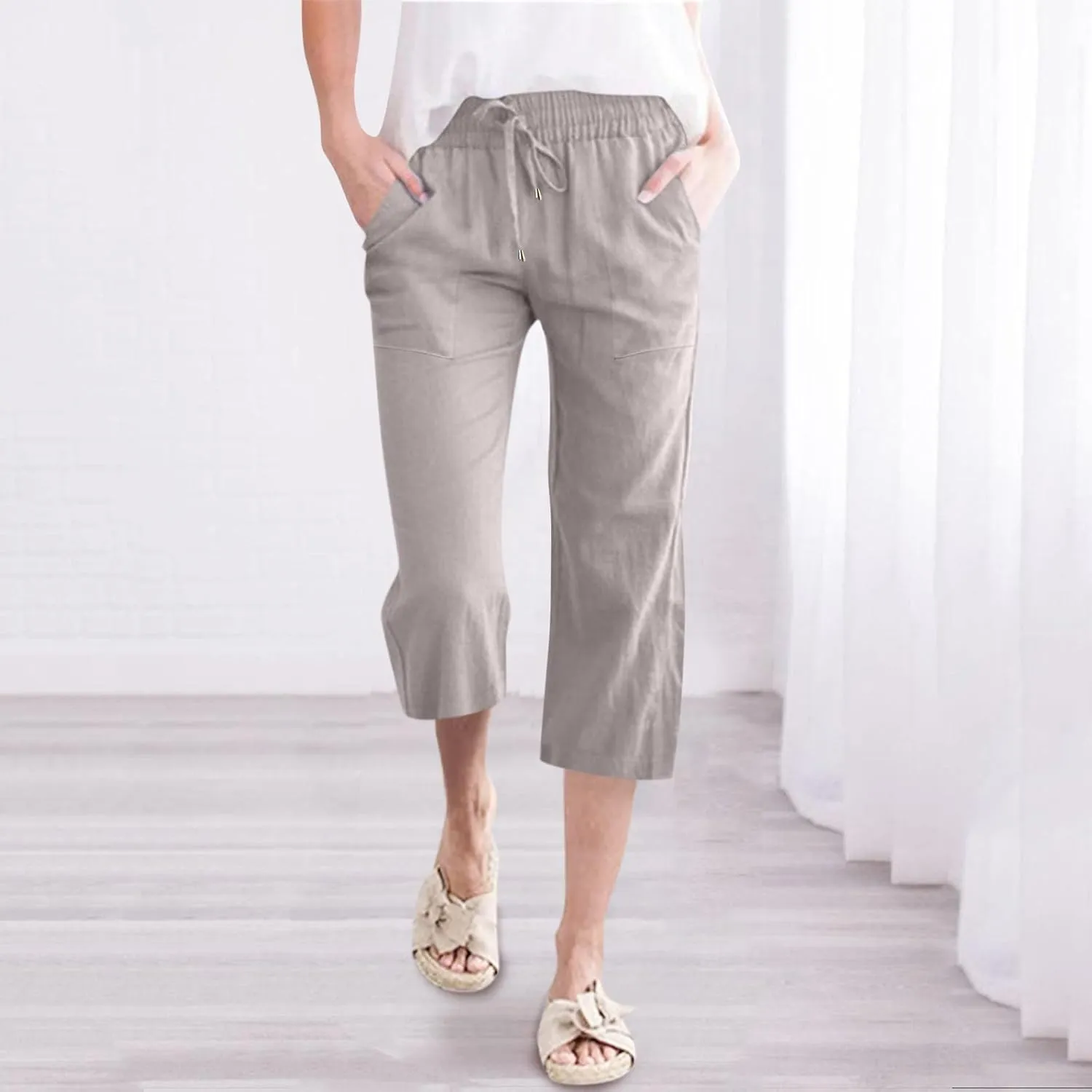 Capri Pants for Women Linen Casual Summer Wide Leg Lightweight High Waisted Cropped Trousers Palazzo Pants