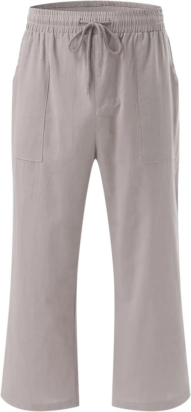 Capri Pants for Women Linen Casual Summer Wide Leg Lightweight High Waisted Cropped Trousers Palazzo Pants