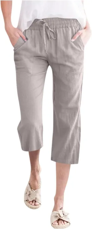 Capri Pants for Women Linen Casual Summer Wide Leg Lightweight High Waisted Cropped Trousers Palazzo Pants