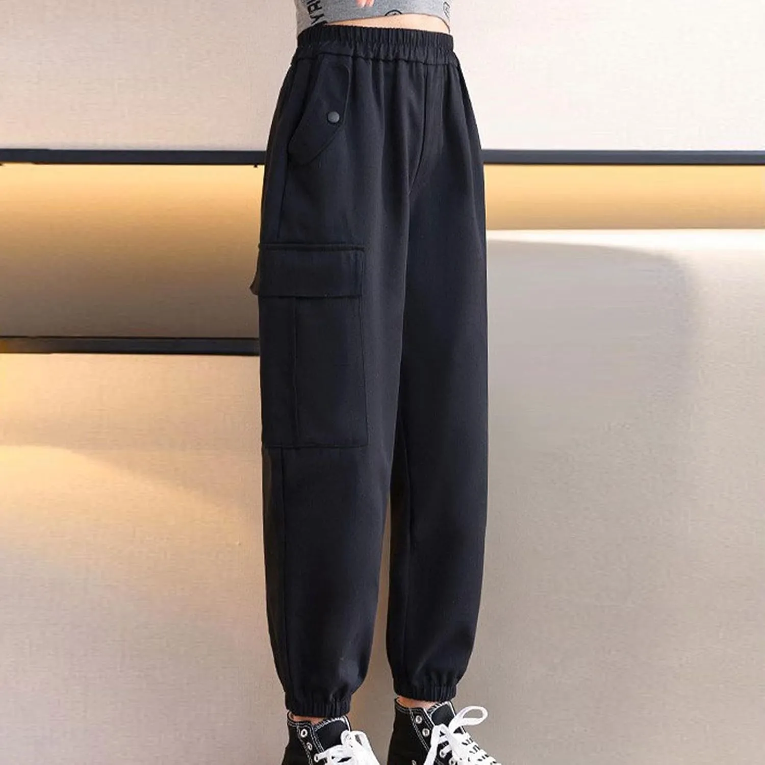 Cargo Pants for Girls Casual Wide Leg Streetwear Kids Elastic Waisted Pants with Pockets Trendy Cinch Bottom Trousers