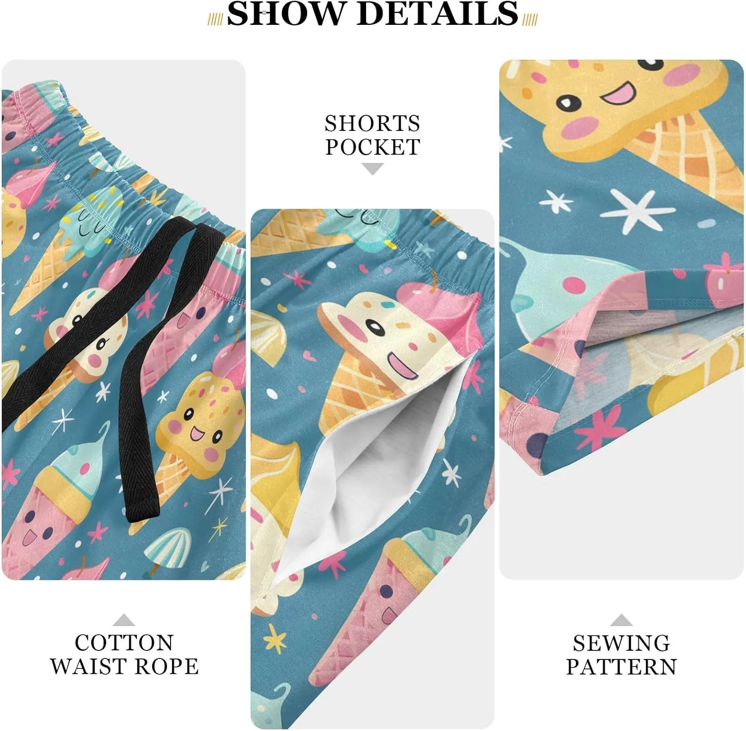 Cartoon Ice Cream A Mens Pajama Shorts Soft Pants Lounge Sleepwear Bottoms with Drawstring & Pockets
