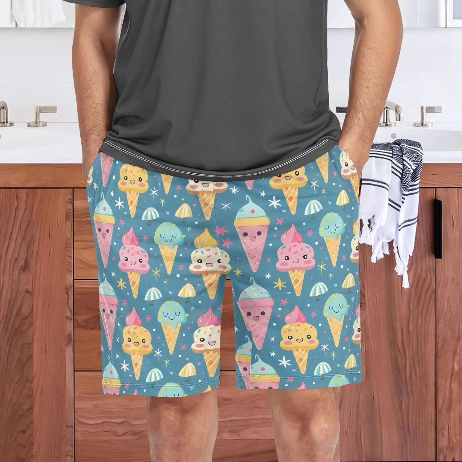 Cartoon Ice Cream A Mens Pajama Shorts Soft Pants Lounge Sleepwear Bottoms with Drawstring & Pockets