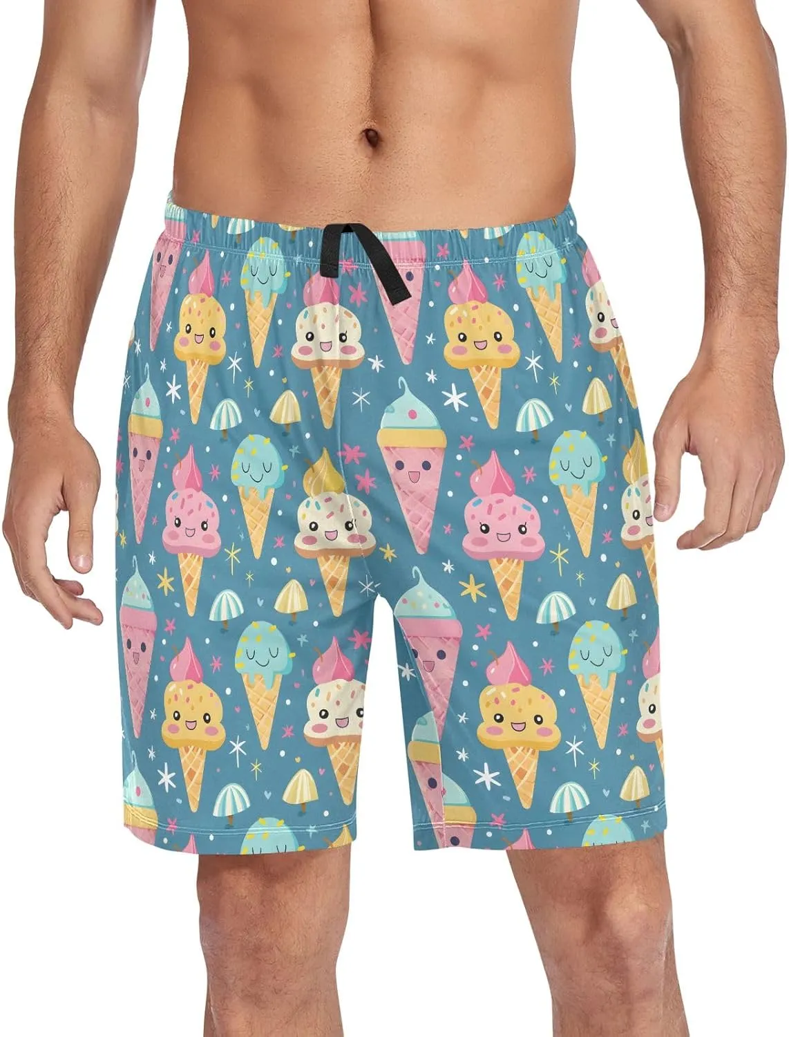 Cartoon Ice Cream A Mens Pajama Shorts Soft Pants Lounge Sleepwear Bottoms with Drawstring & Pockets
