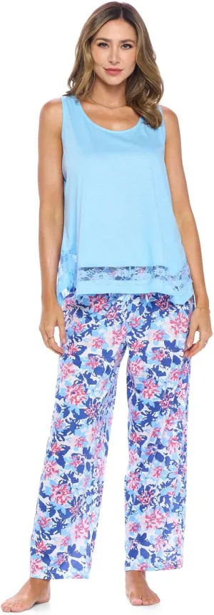 Casual Nights Women's Tank Top with Long Pants Pajama Set - Cami Shorts and Printed Bottom Sleepwear Pjs Sets
