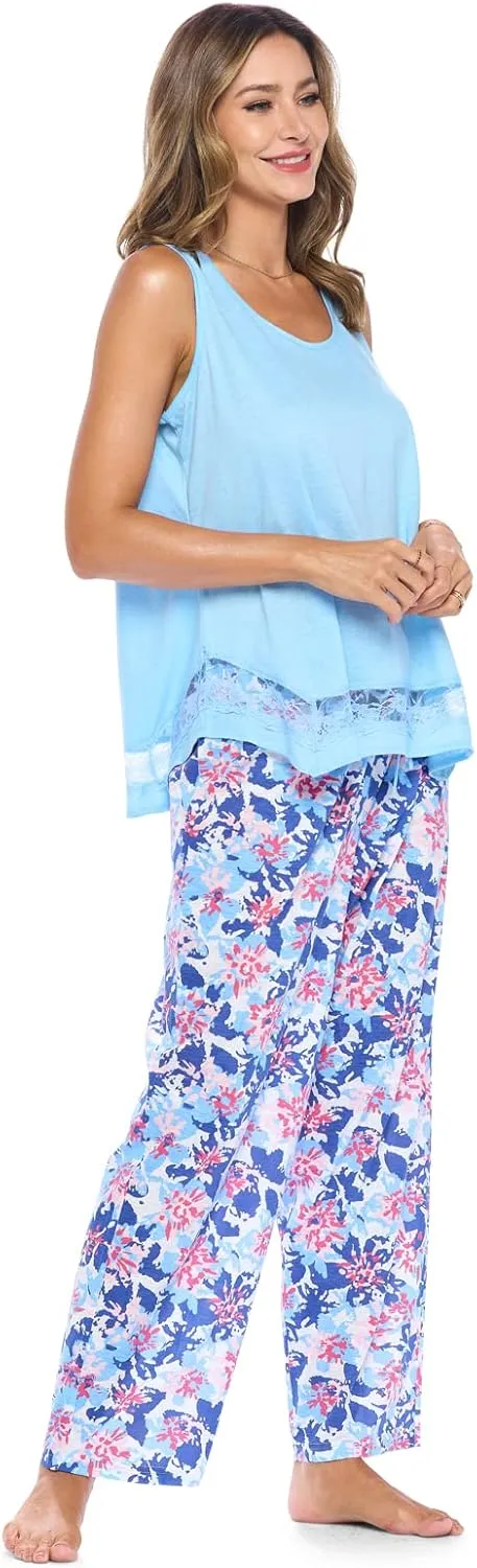 Casual Nights Women's Tank Top with Long Pants Pajama Set - Cami Shorts and Printed Bottom Sleepwear Pjs Sets