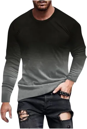 Casual Sports T-Shirts for Men Loose Crew Neck Gradient Long Sleeve Pullover Tops Fashion Comfort Athletic Blouses