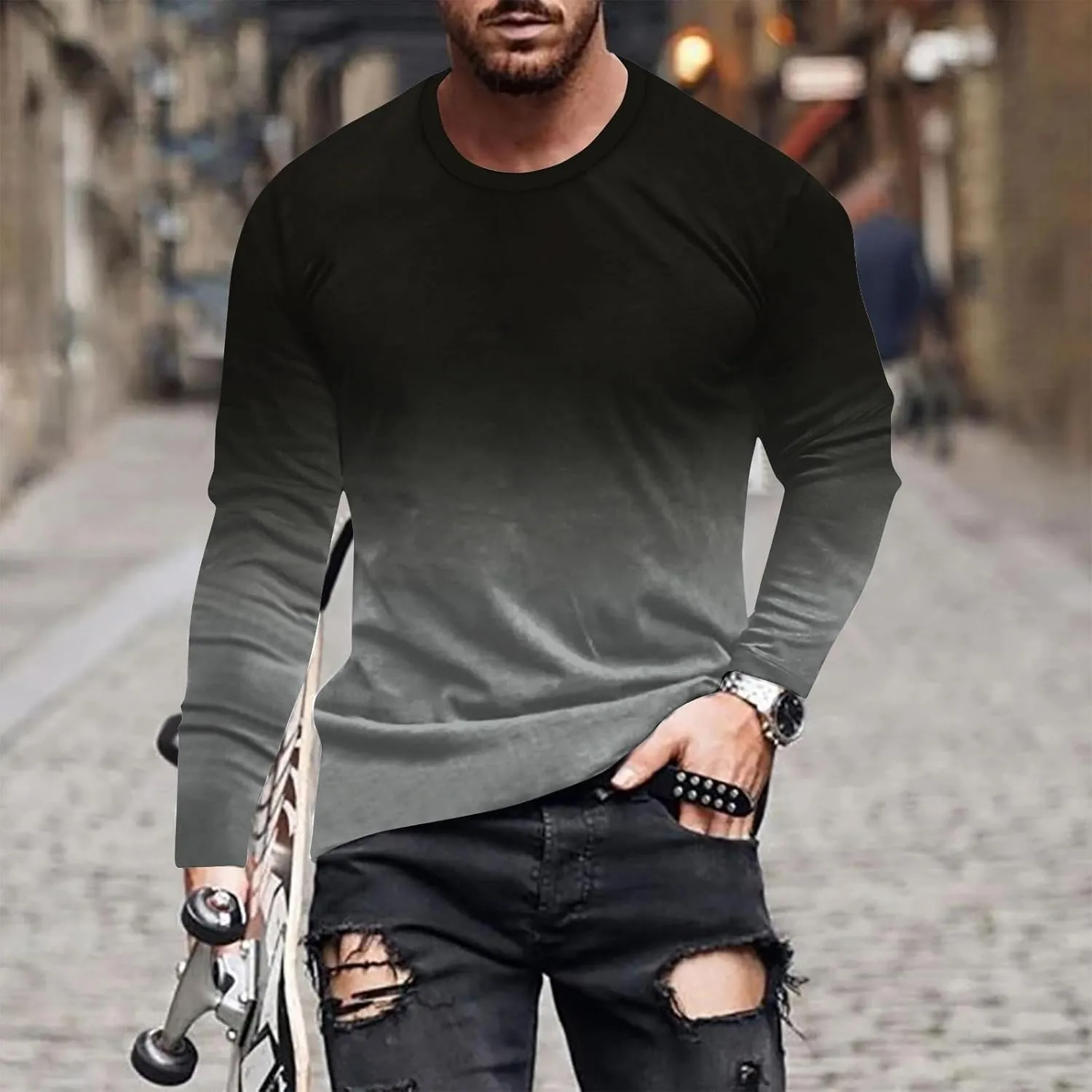 Casual Sports T-Shirts for Men Loose Crew Neck Gradient Long Sleeve Pullover Tops Fashion Comfort Athletic Blouses