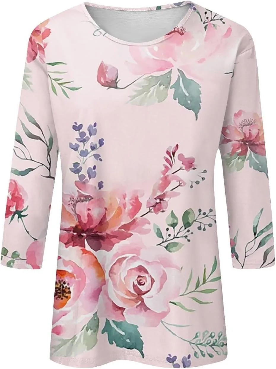 Ceboyel 3/4 Sleeve Tops for Women Summer Floral Paisley Print Tees Shirts Trendy Ladies Blouses Dressy Casual Clothing 2023