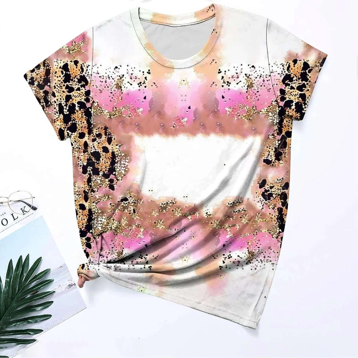 Ceboyel Womens Bleached Sublimation Blanks Shirts Leopard Graphic Tees Tops Short Sleeve Polyester Tshirts Cute Items Clothes