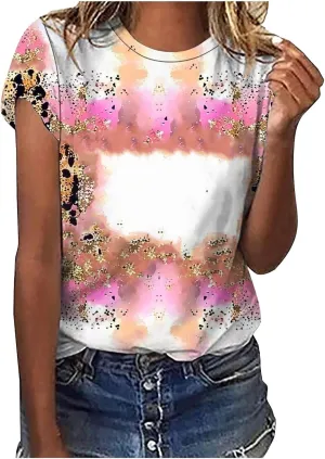 Ceboyel Womens Bleached Sublimation Blanks Shirts Leopard Graphic Tees Tops Short Sleeve Polyester Tshirts Cute Items Clothes