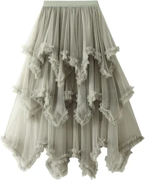 CHARTOU Women A Line Tiered Skirt Sheer Mesh Layered Skirt Maxi Long Tulle Skirt Tutu Flowy Ruffle Skirt