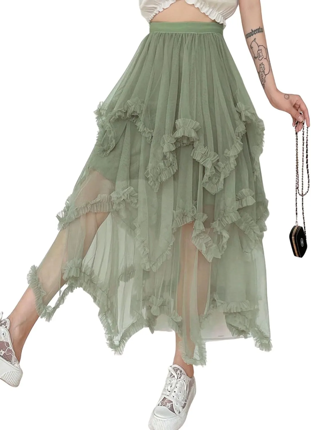 CHARTOU Women A Line Tiered Skirt Sheer Mesh Layered Skirt Maxi Long Tulle Skirt Tutu Flowy Ruffle Skirt