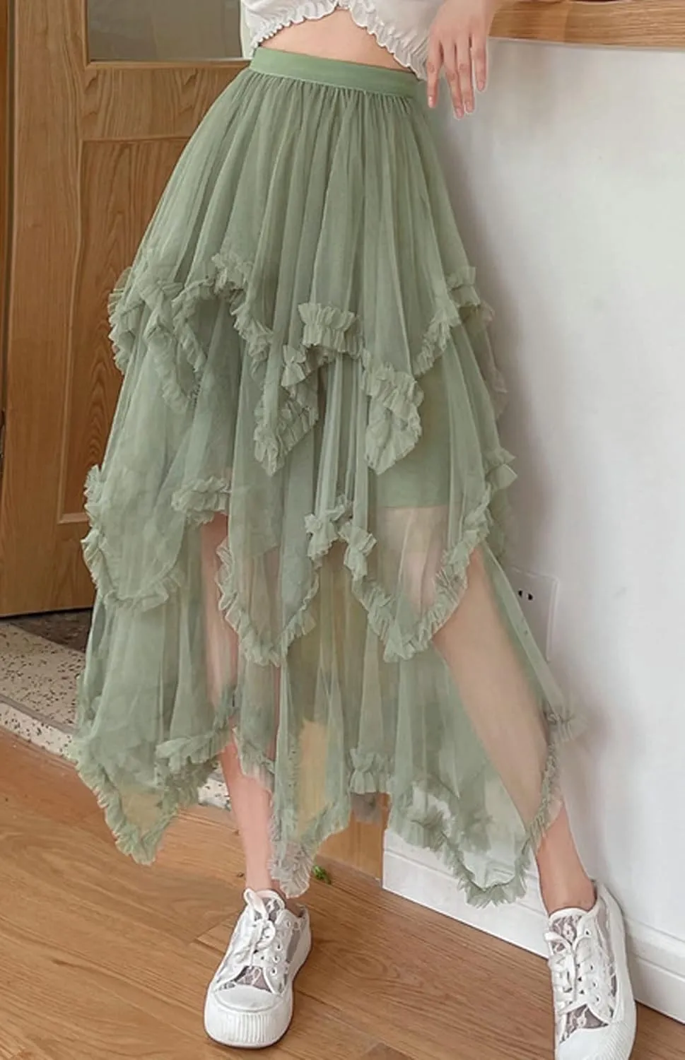 CHARTOU Women A Line Tiered Skirt Sheer Mesh Layered Skirt Maxi Long Tulle Skirt Tutu Flowy Ruffle Skirt