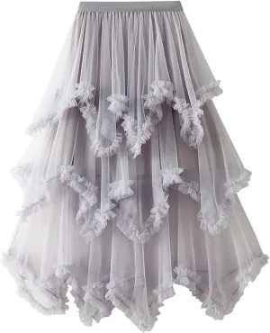 CHARTOU Women A Line Tiered Skirt Sheer Mesh Layered Skirt Maxi Long Tulle Skirt Tutu Flowy Ruffle Skirt