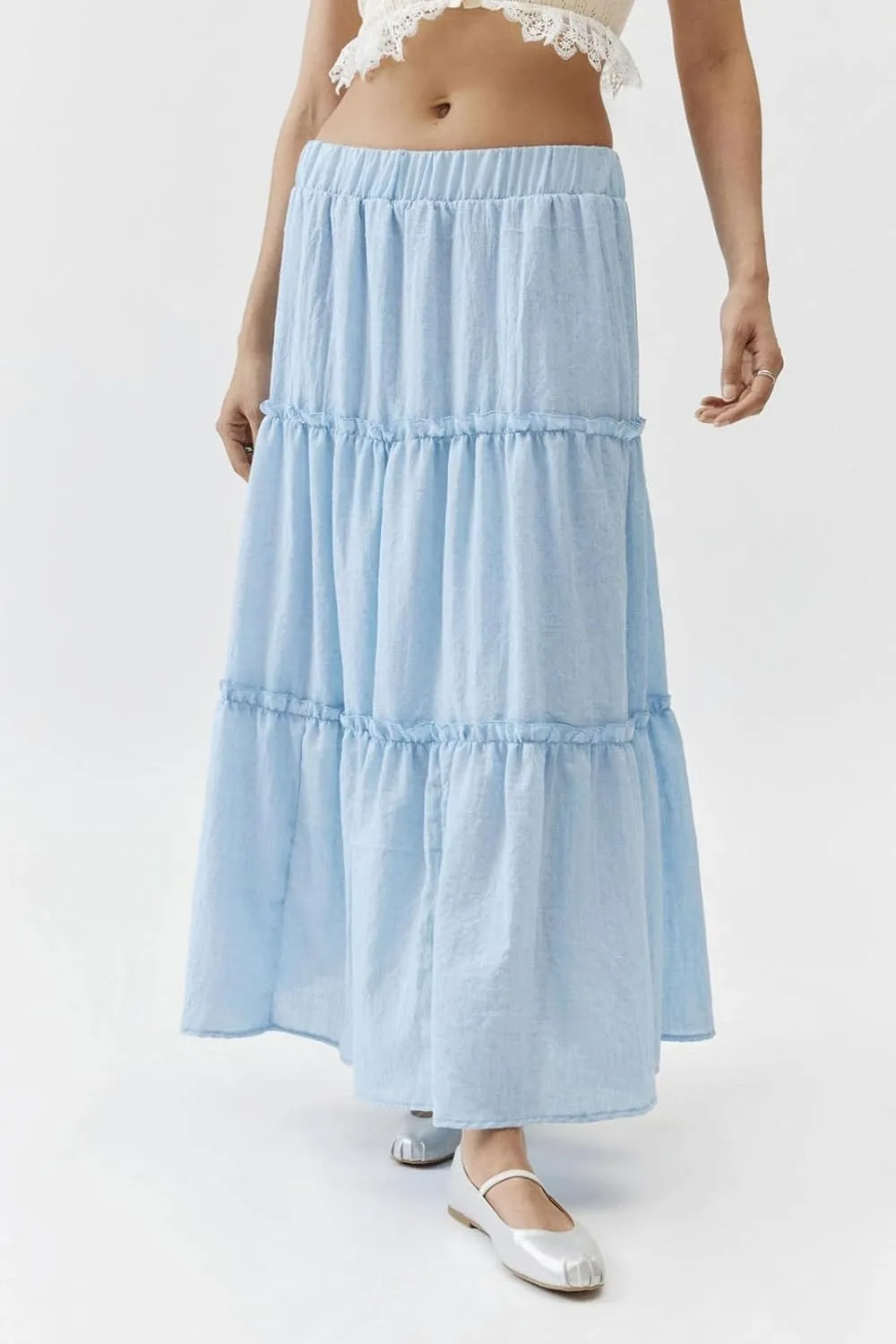 CHARTOU Women's Summer Boho Elastic High Waist Tiered Long Skirt Pleated Flowy Swing A Line Beach Maxi Skirt