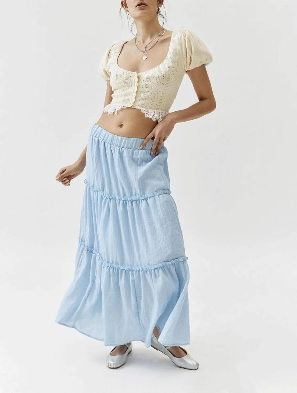 CHARTOU Women's Summer Boho Elastic High Waist Tiered Long Skirt Pleated Flowy Swing A Line Beach Maxi Skirt