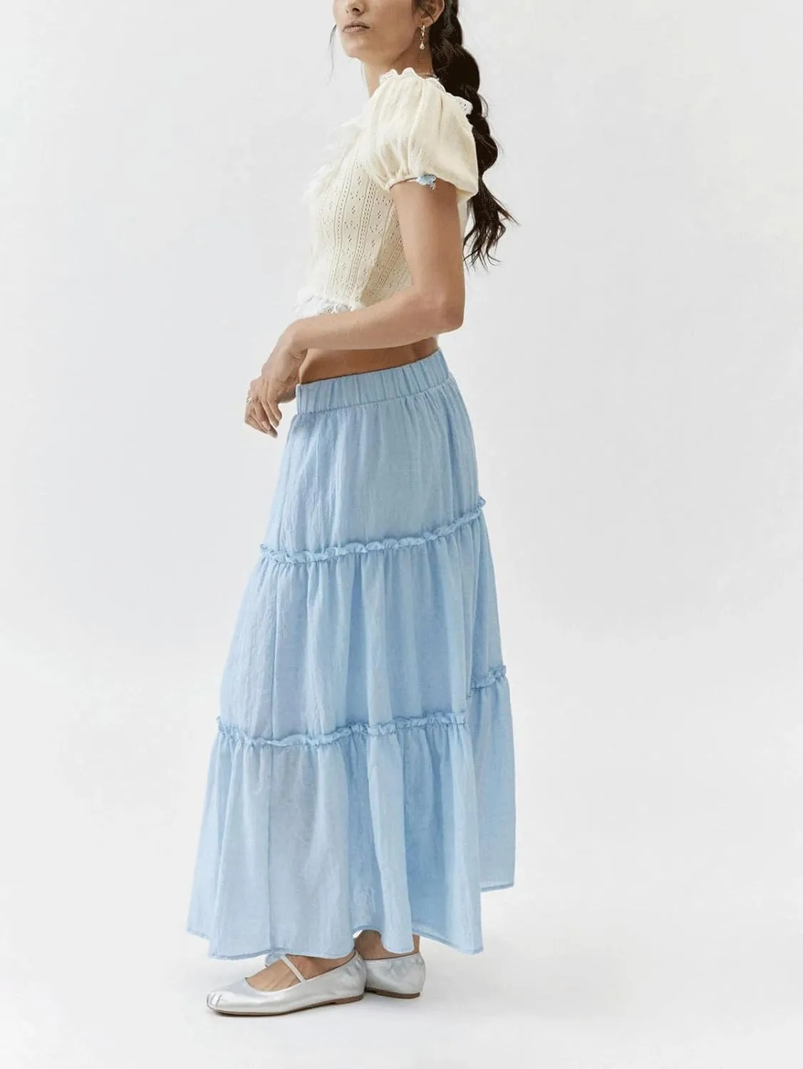 CHARTOU Women's Summer Boho Elastic High Waist Tiered Long Skirt Pleated Flowy Swing A Line Beach Maxi Skirt