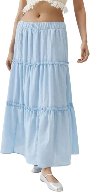 CHARTOU Women's Summer Boho Elastic High Waist Tiered Long Skirt Pleated Flowy Swing A Line Beach Maxi Skirt