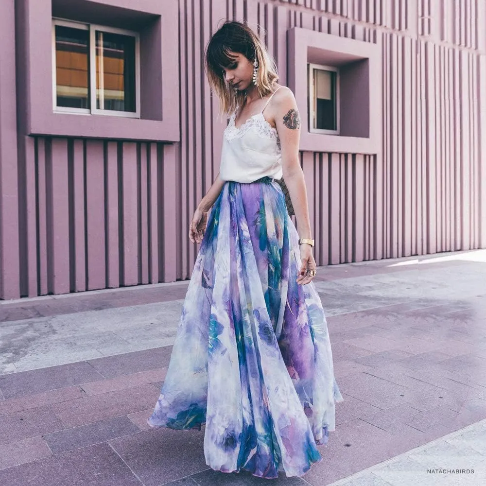 CHICWISH Women's Floral Watercolor Flower Maxi Floral Chiffon Slip Skirt