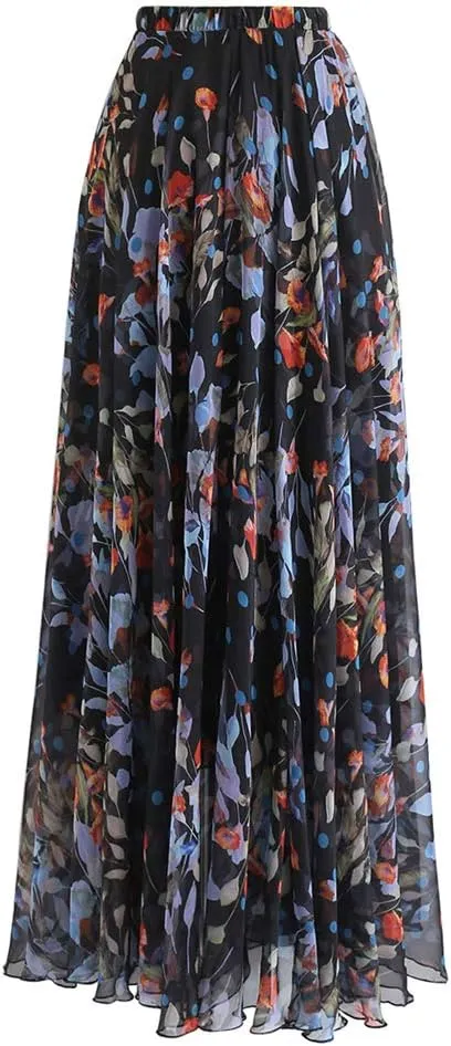 CHICWISH Women's Floral Watercolor Flower Maxi Floral Chiffon Slip Skirt