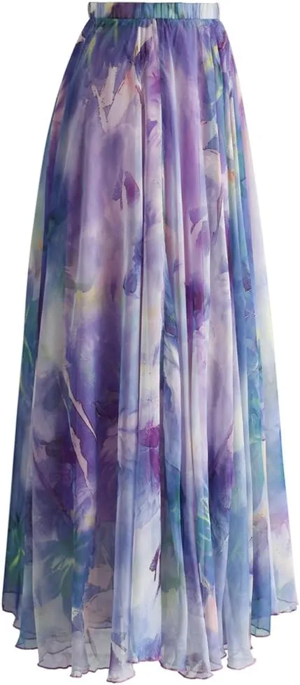 CHICWISH Women's Floral Watercolor Flower Maxi Floral Chiffon Slip Skirt