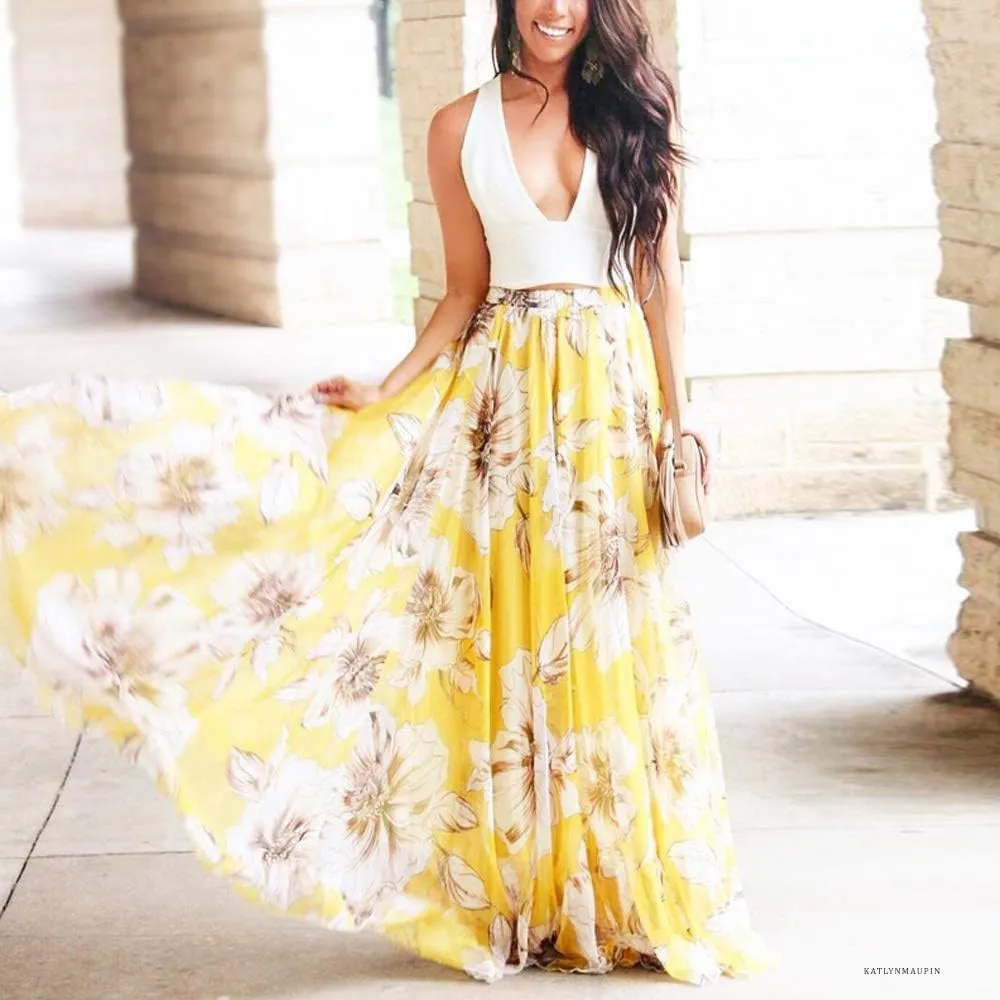 CHICWISH Women's Floral Watercolor Flower Maxi Floral Chiffon Slip Skirt