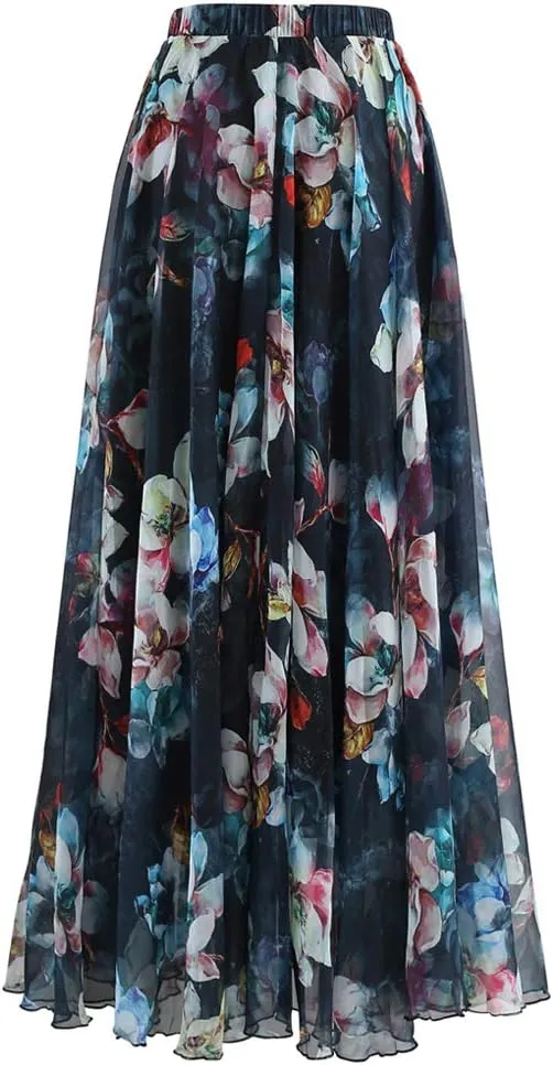 CHICWISH Women's Floral Watercolor Flower Maxi Floral Chiffon Slip Skirt
