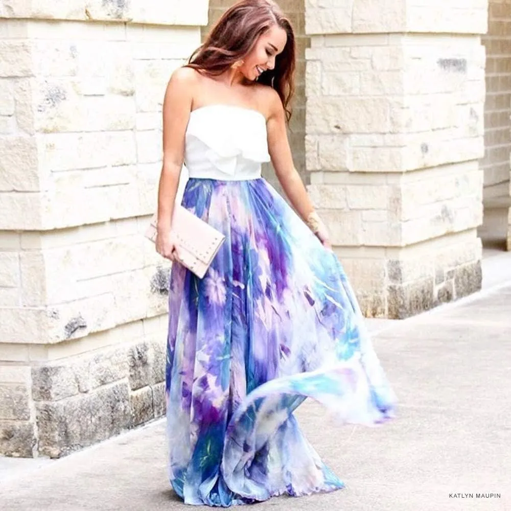 CHICWISH Women's Floral Watercolor Flower Maxi Floral Chiffon Slip Skirt