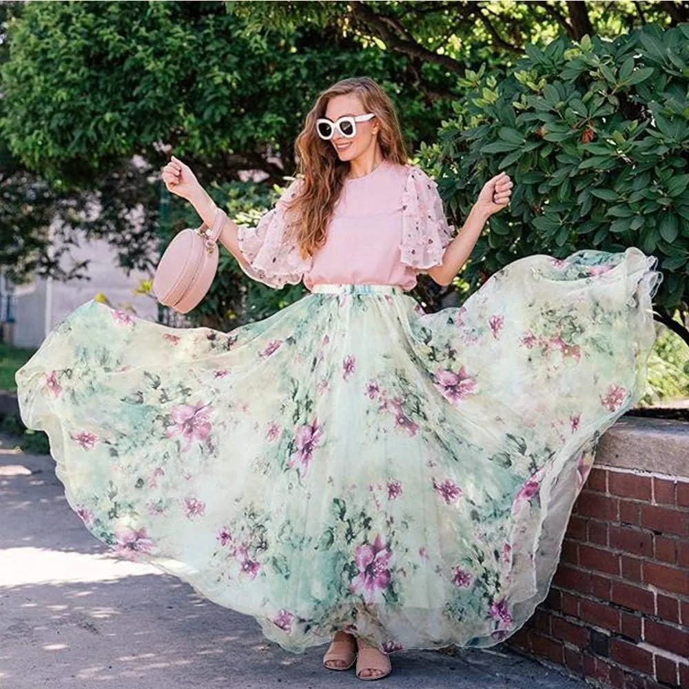 CHICWISH Women's Floral Watercolor Flower Maxi Floral Chiffon Slip Skirt