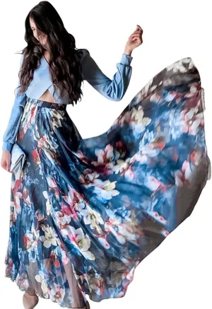 CHICWISH Women's Floral Watercolor Flower Maxi Floral Chiffon Slip Skirt