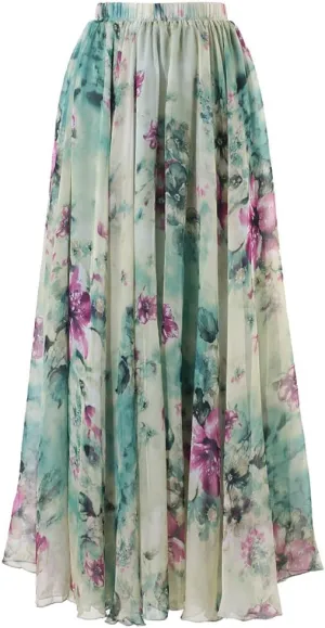 CHICWISH Women's Floral Watercolor Flower Maxi Floral Chiffon Slip Skirt