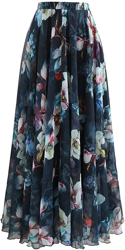 CHICWISH Women's Floral Watercolor Flower Maxi Floral Chiffon Slip Skirt