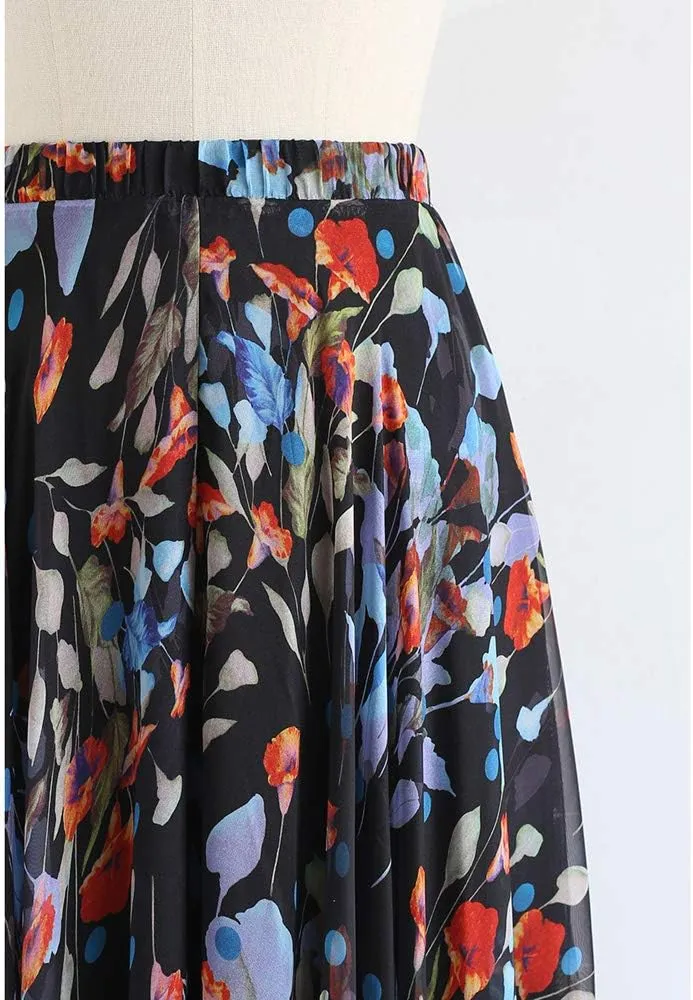 CHICWISH Women's Floral Watercolor Flower Maxi Floral Chiffon Slip Skirt