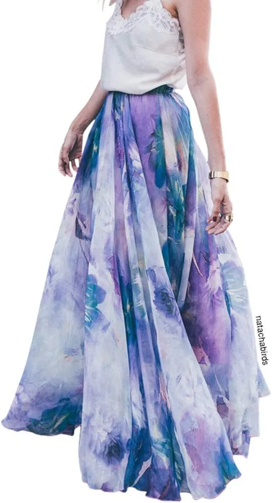 CHICWISH Women's Floral Watercolor Flower Maxi Floral Chiffon Slip Skirt