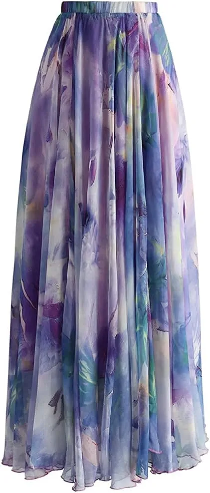 CHICWISH Women's Floral Watercolor Flower Maxi Floral Chiffon Slip Skirt