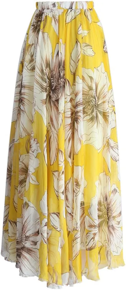 CHICWISH Women's Floral Watercolor Flower Maxi Floral Chiffon Slip Skirt