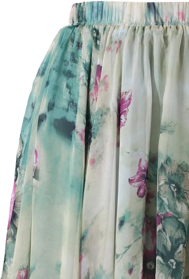 CHICWISH Women's Floral Watercolor Flower Maxi Floral Chiffon Slip Skirt