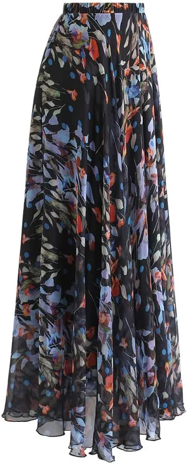 CHICWISH Women's Floral Watercolor Flower Maxi Floral Chiffon Slip Skirt