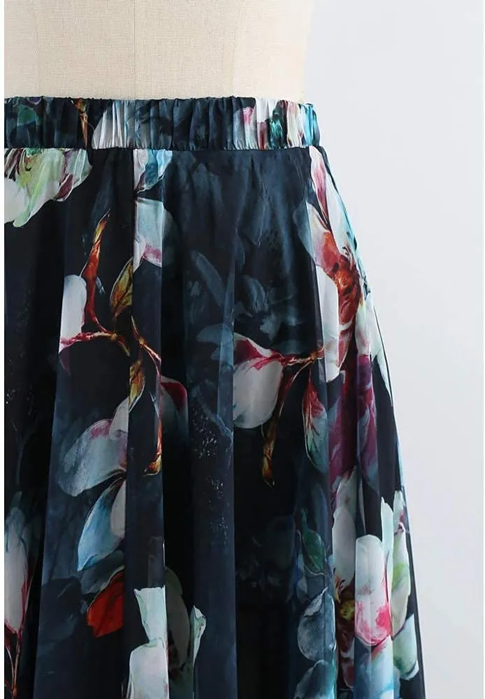 CHICWISH Women's Floral Watercolor Flower Maxi Floral Chiffon Slip Skirt