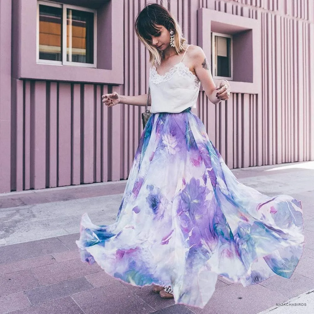 CHICWISH Women's Floral Watercolor Flower Maxi Floral Chiffon Slip Skirt