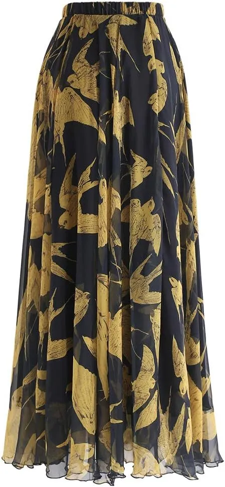 CHICWISH Women's Floral Watercolor Flower Maxi Floral Chiffon Slip Skirt