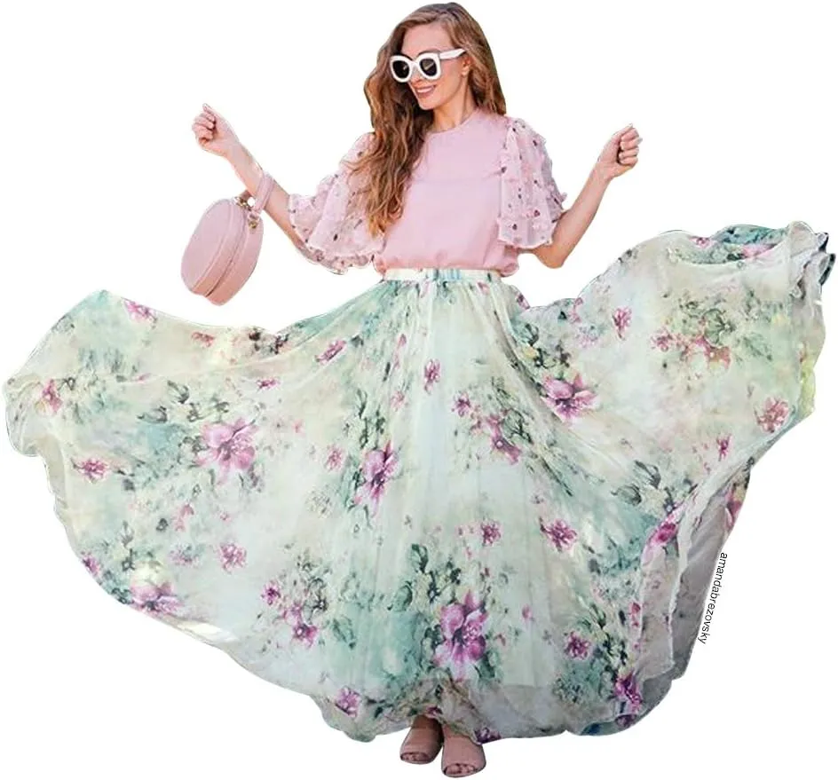 CHICWISH Women's Floral Watercolor Flower Maxi Floral Chiffon Slip Skirt