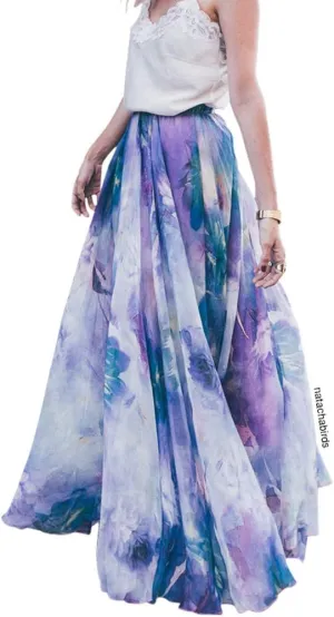 CHICWISH Women's Floral Watercolor Flower Maxi Floral Chiffon Slip Skirt